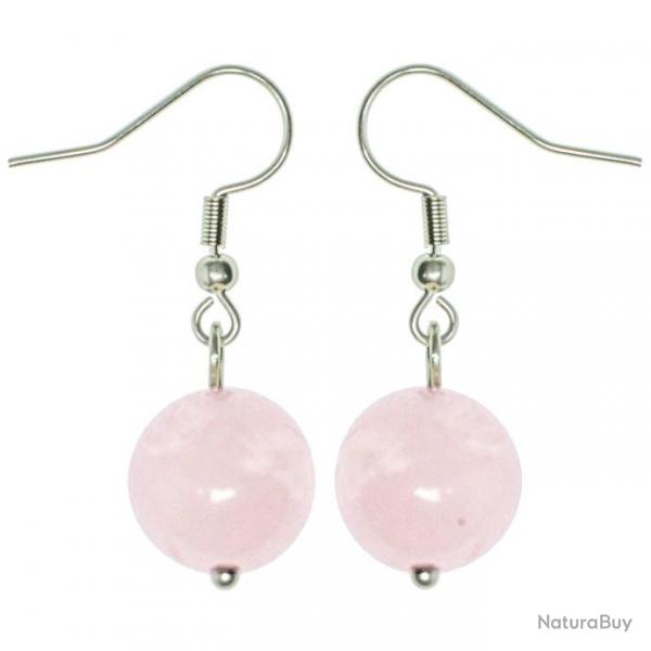 Boucles d'oreilles pendante perle ronde quartz rose