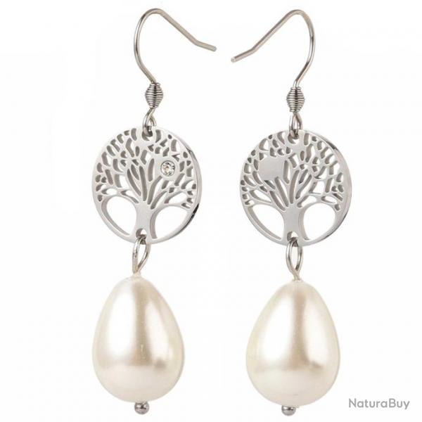 Boucles d'oreilles avec perle de culture et arbre de vie