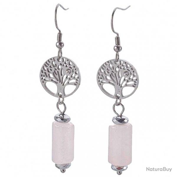 Boucles d'oreilles avec perle tubulaire quartz rose et arbre de vie