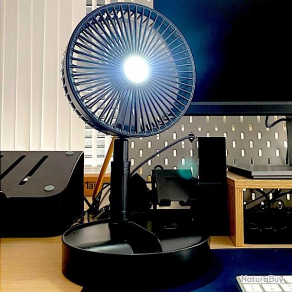 Ventilateur Nomade 3 Vitesses avec Lampe LED - 40 dB - Noir - Autonome sur Batterie - 3600 mA