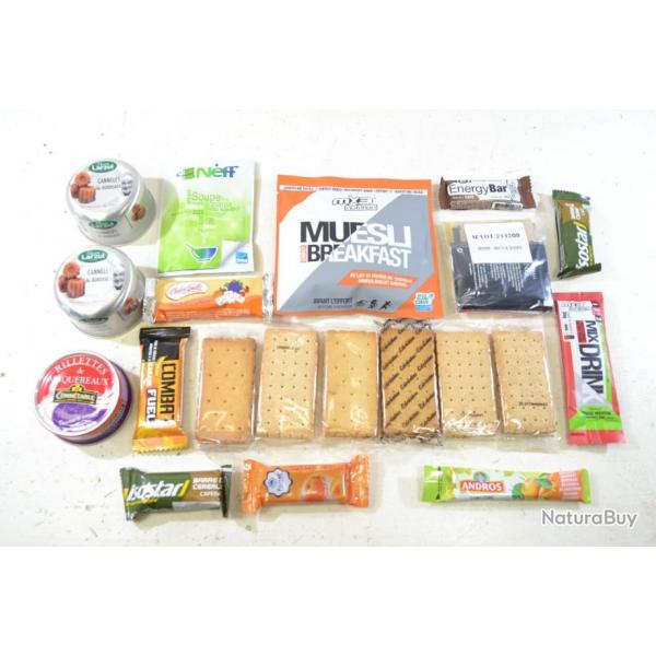 Lot aliments ration survie, chasse airsoft sortie nature dbardage. Biscuits, barres nergiques..(H)