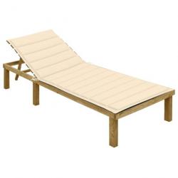 Transat chaise longue bain de soleil lit de jardin terrasse meuble d'extérieur avec coussin crème b