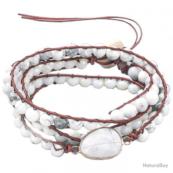 Bracelet wrap 3 tours avec perles de howlite et verre sur cordon cuir