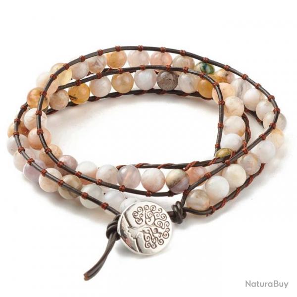 Bracelet wrap 2 tours avec perles d'agate feuilles de bambou sur cordon cuir arbre de vie