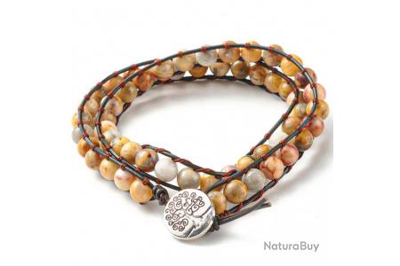 Bracelet wrap 2 tours avec perles d'agate crazy lace sur cordon cuir arbre  de vie - Objets divers (10659685)