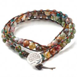 Bracelet wrap 2 tours avec perles d'agate indienne sur cordon cuir arbre de vie