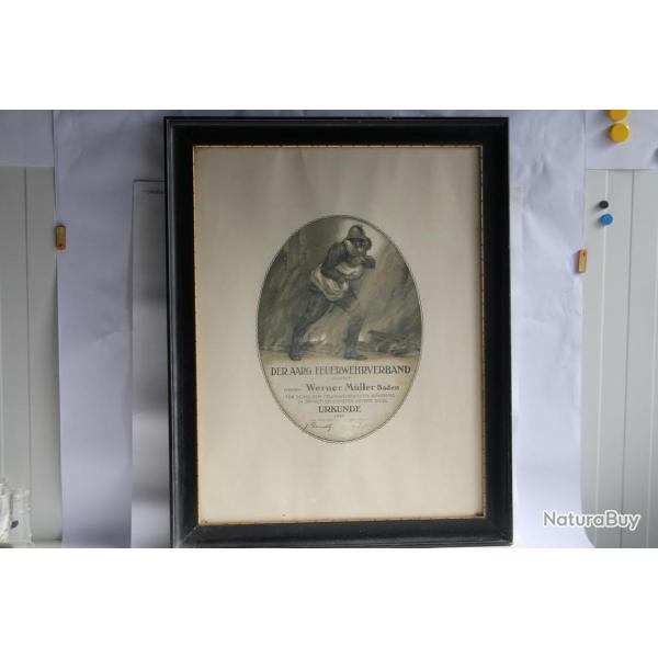 Certificat lithographi Sapeurs Pompiers Argovie 24 ans de service 1922