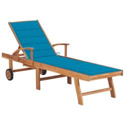 Transat chaise longue bain de soleil lit de jardin terrasse meuble d'extérieur avec coussin bleu bo