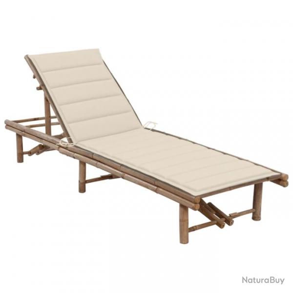 Transat chaise longue bain de soleil lit de jardin terrasse meuble d'extrieur avec coussin bambou
