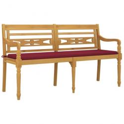 Banc de jardin meuble de patio d'extérieur terrasse avec coussin rouge bordeaux 150cm bois teck mas