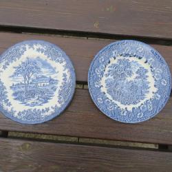 VINTAGE - Lot de deux assiettes décorative en porcelaine bleu a décor champêtre MADE IN ENGLAND(XXé)