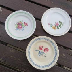 VINTAGE - Lot de trois assiettes décorative en porcelaine a décor champêtre de fleurs (XXé)