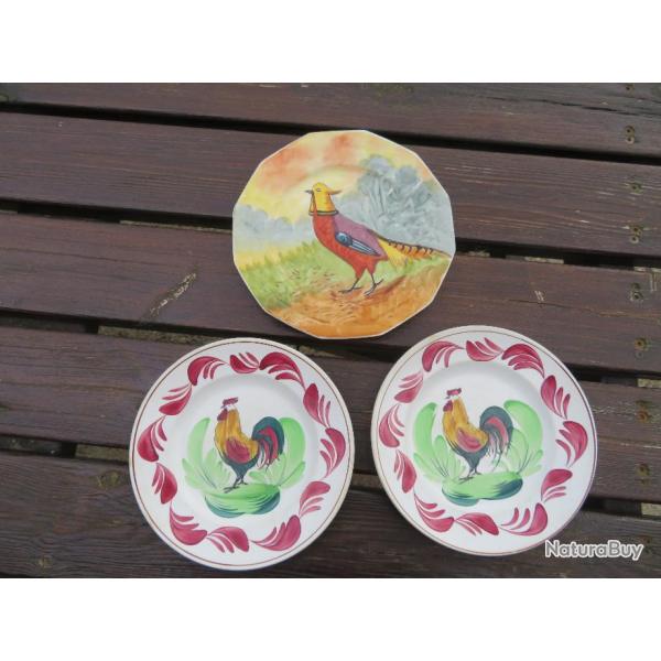 VINTAGE - Lot de trois assiettes dcorative a dcor de coq & faisant (XX)