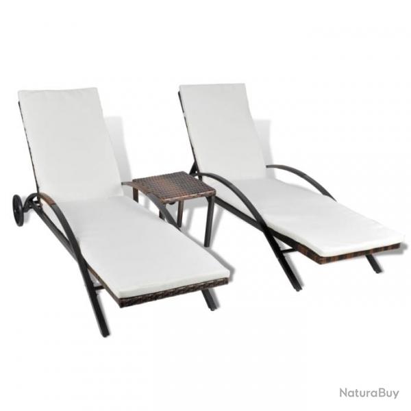 Lot de deux chaises longues transat 200 cm avec table rsine tresse marron 02_0011913