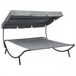 Lit de repos chaise longue transat d'extérieur 200 cm avec auvent gris 02_0012011