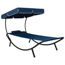 Lit de repos transat chaise longue d'extérieur 200 cm avec auvent et oreiller bleu 02_0012005