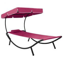 Lit de repos transat chaise longue d'extérieur 200 cm avec auvent et oreiller rose 02_0012009