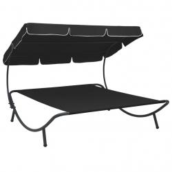 Lit de repos chaise longue transat d'extérieur 200 cm avec auvent noir 02_0012013