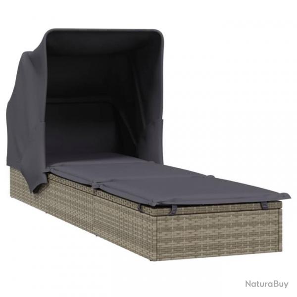 Transat chaise longue bain de soleil avec toit pliable 213 x 63 x 97 cm rsine tresse gris 02_0012