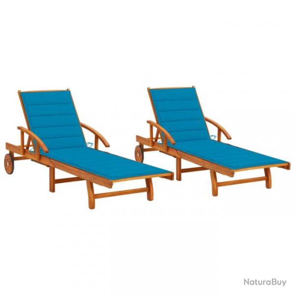 Lot de 2 transats chaise longue bain de soleil lit de jardin terrasse meuble d'extrieur avec couss