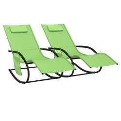 Lot de deux chaises longues à bascule acier et textilène vert 02_0011979