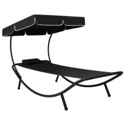 Lit de repos transat chaise longue d'extérieur 200 cm avec auvent et oreiller noir 02_0012008