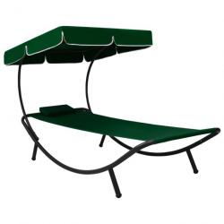 Lit de repos transat chaise longue d'extérieur 200 cm avec auvent et oreiller vert 02_0012010
