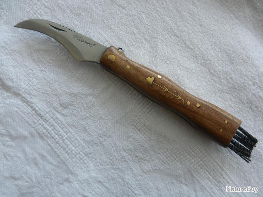 Couteau incurvé à champignons avec manche en bois naturel à cran d