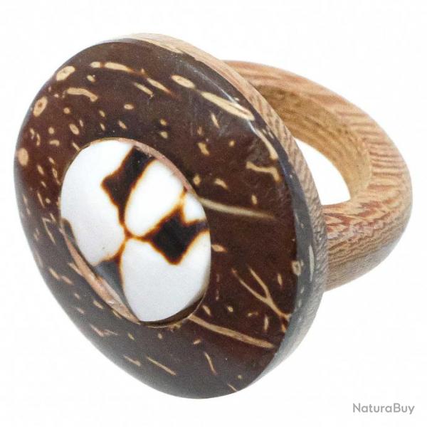 Bague ronde en bois de coco et coquillage conus incrust 50