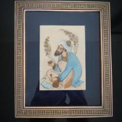 Sublime miniature Persane sur os -Motif Perse peint à la main sur os- Sous-verre encadré et marqueté