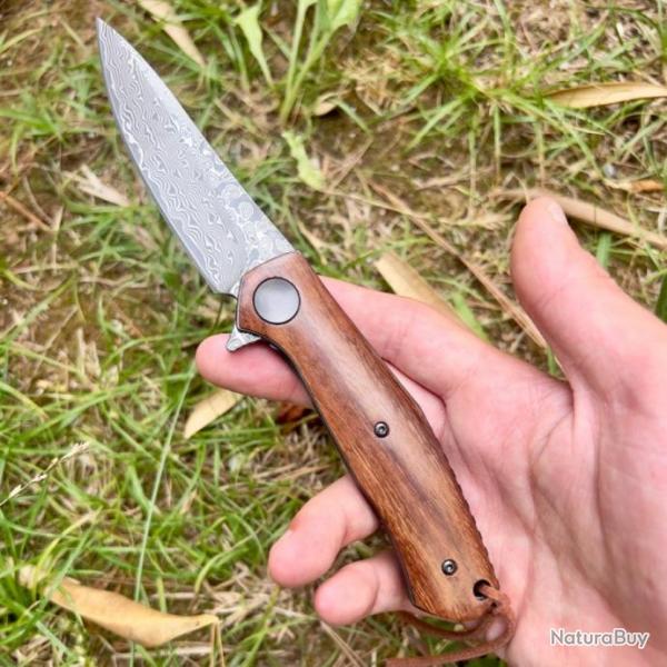 Couteau pliant acier damas manche en bois edc survie camping collection