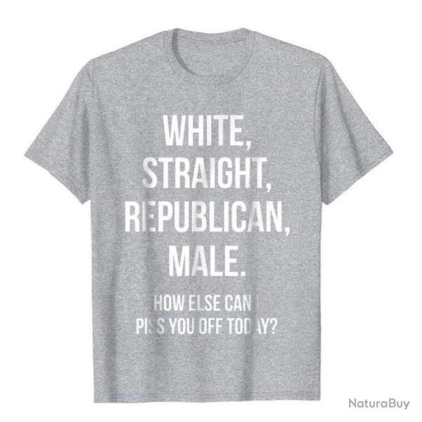 T-shirt humoristique "WHITE, STRAIGHT, REPUBLICAN, MALE." - Gris Chin
