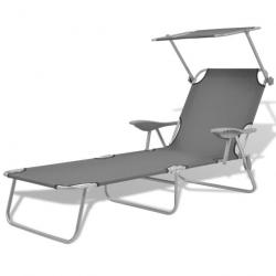 Transat chaise longue bain de soleil lit de jardin terrasse meuble d'extérieur avec auvent acier gr