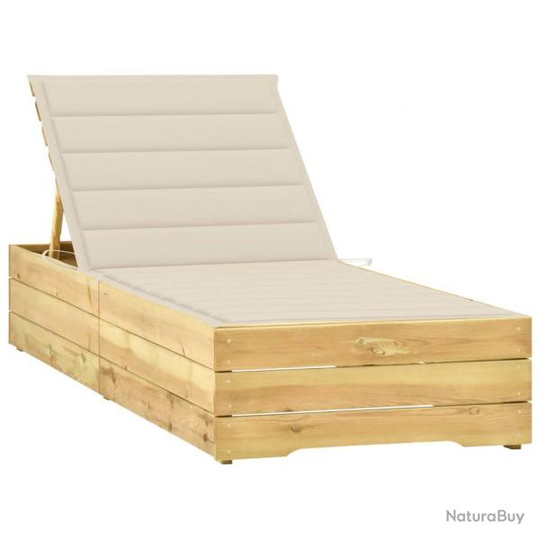 Transat chaise longue bain de soleil lit de jardin terrasse meuble d'extrieur avec coussin crme b