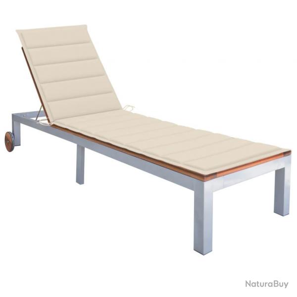 Transat chaise longue bain de soleil lit de jardin terrasse meuble d'extrieur avec coussin bois d'