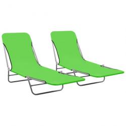 Lot de deux chaises longues transat bain de soleil acier et tissu vert 02_0011940