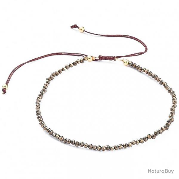 Bracelet fin ajustable avec petites perles facettes en pyrite