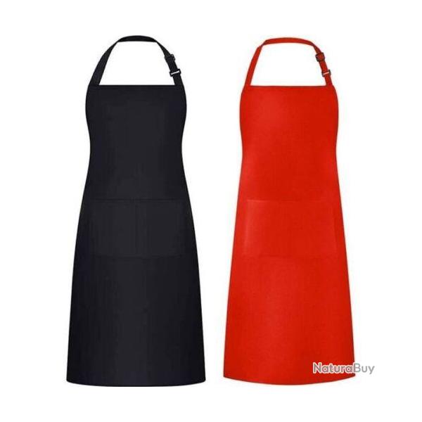 Tablier de Cuisine Chef Noir Rouge Professionnel avec 2 poches Unisexe Lot de 2