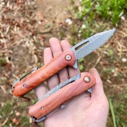 Couteau pliant stylo acier damas manche en bois edc survie camping collection custom
