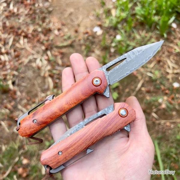 Couteau pliant stylo acier damas manche en bois edc survie camping collection custom