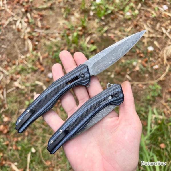 Couteau pliant acier damas manche en G10 edc survie camping collection custom