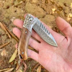 Couteau pliant de poche acier damas manche en bois edc survie camping collection