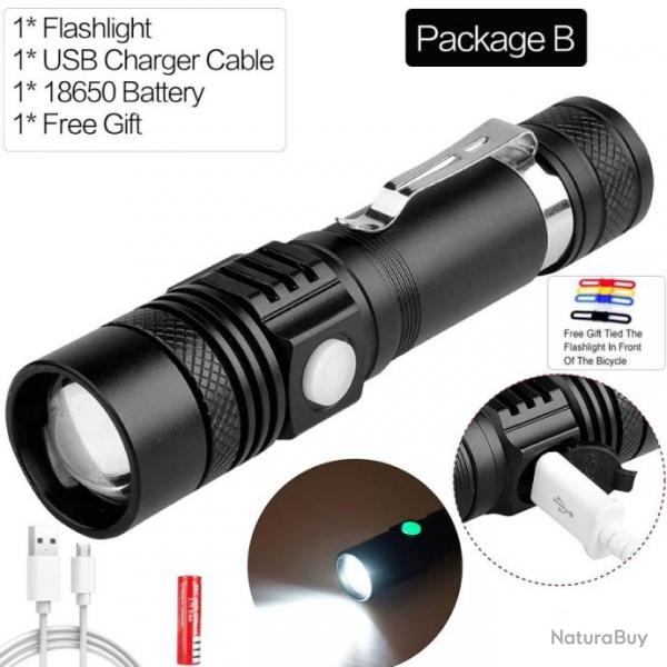 Lampe de survie surpuissante LED torche USB RECHARGEABLE avec ZOOM