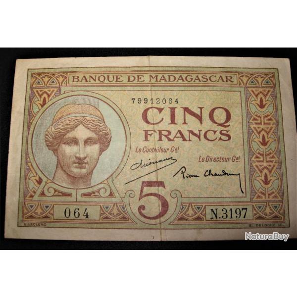 5 francs banque de Madagascar TTB