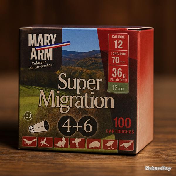 Cartouches Cal.12 Mary Arm Super Migration 36g BJ plomb n4+6 -Boite de 100 - PRIX MINI