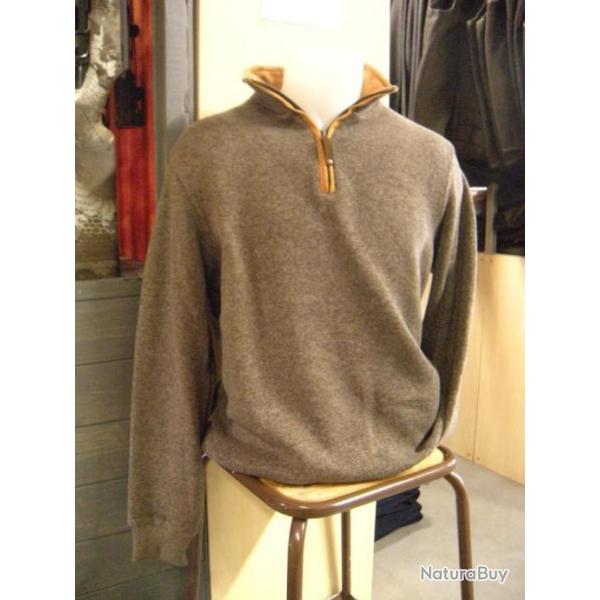 SWEAT COL ZIPPE + COUDES MARRON CHINE LOVERGREEN , T:S.