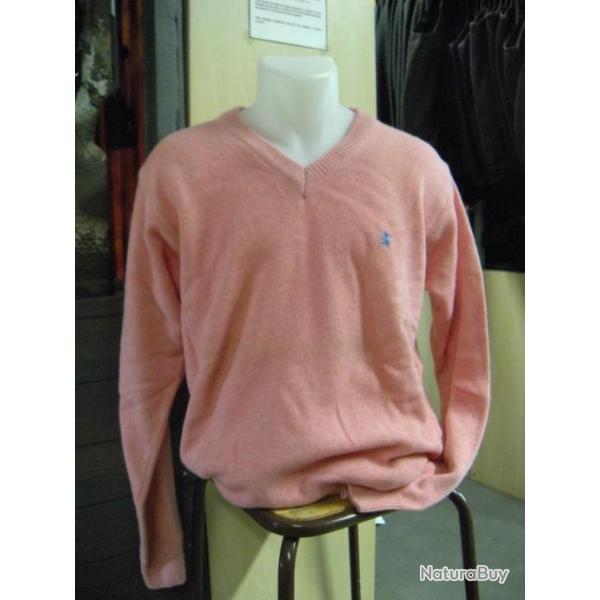 PULL LAMBSWOOL COL V LOVERGREEN , ROSE PALE , T: 3XL.