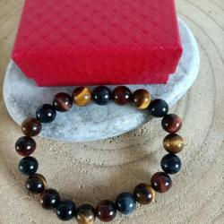 Bracelet perles 10 mm pierres naturelles 3 oeils avec écrin Réf : 251( Promo de Noel )