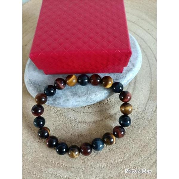 Bracelet perles 10 mm pierres naturelles 3 oeils avec crin Rf : 251( Promo de Noel )
