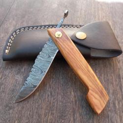 Joli Couteau artisanal Piémontais Damas Manche en Bois d OLIVIER avec Étui en cuir
